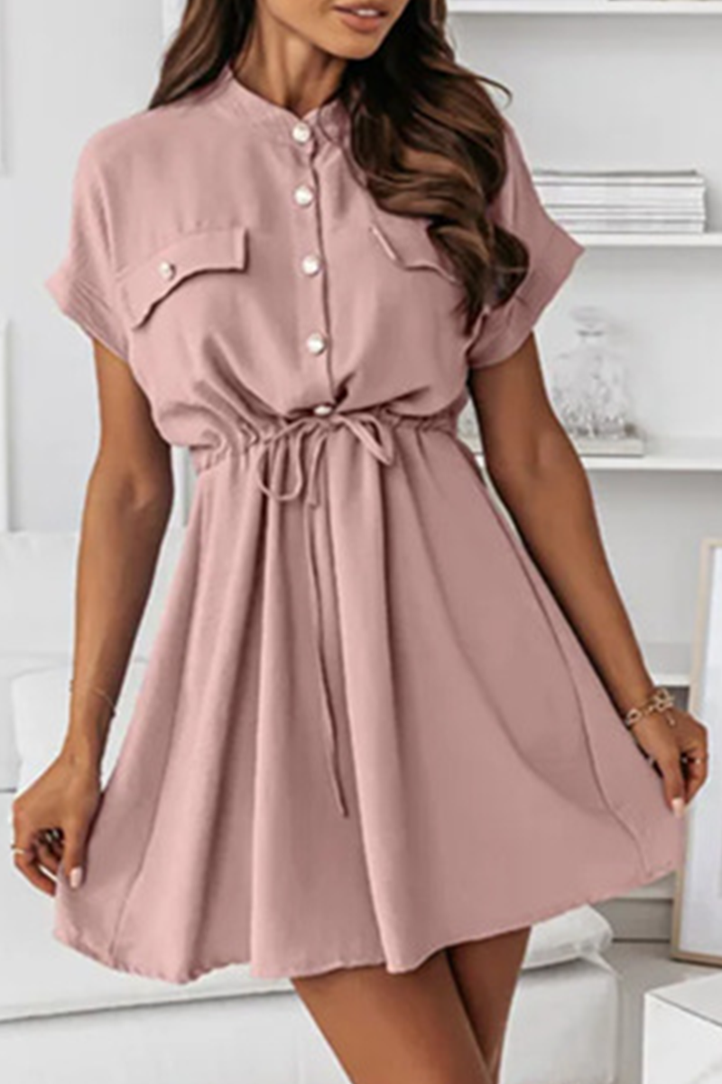 Solid Draw String Buckle O Neck A Line Dresses Ins Street