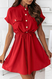 Solid Draw String Buckle O Neck A Line Dresses Ins Street