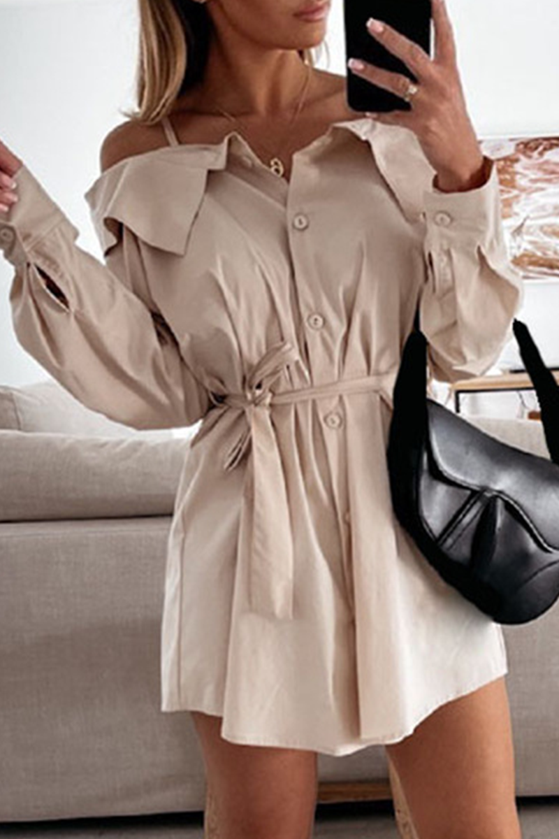 Solid Buckle With Belt Off the Shoulder Irregular Dress Dresses Ins Street