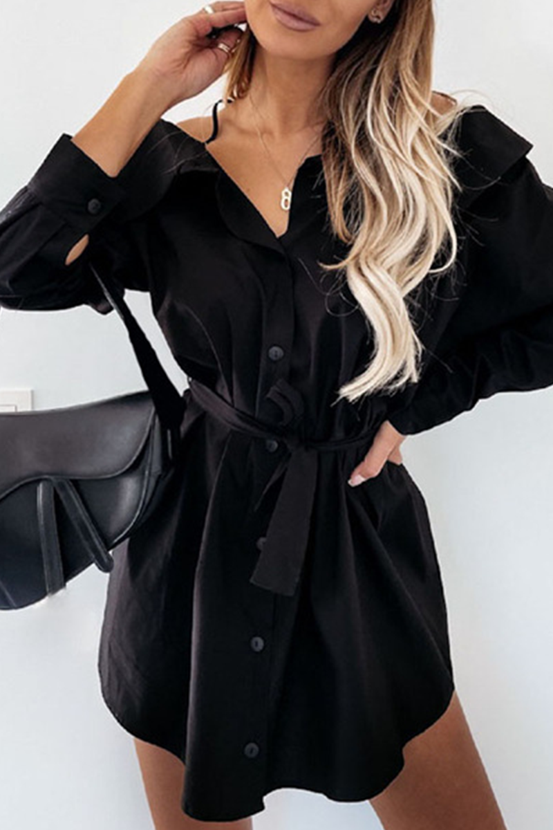 Solid Buckle With Belt Off the Shoulder Irregular Dress Dresses Ins Street