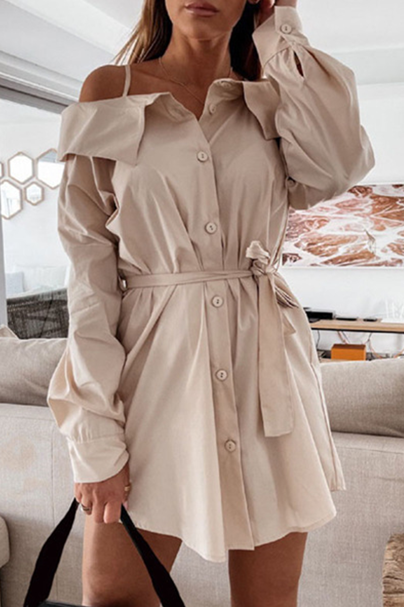 Solid Buckle With Belt Off the Shoulder Irregular Dress Dresses Ins Street