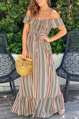 Bohemian Striped Split Joint Flounce Off the Shoulder A Line Dresses Florcoo