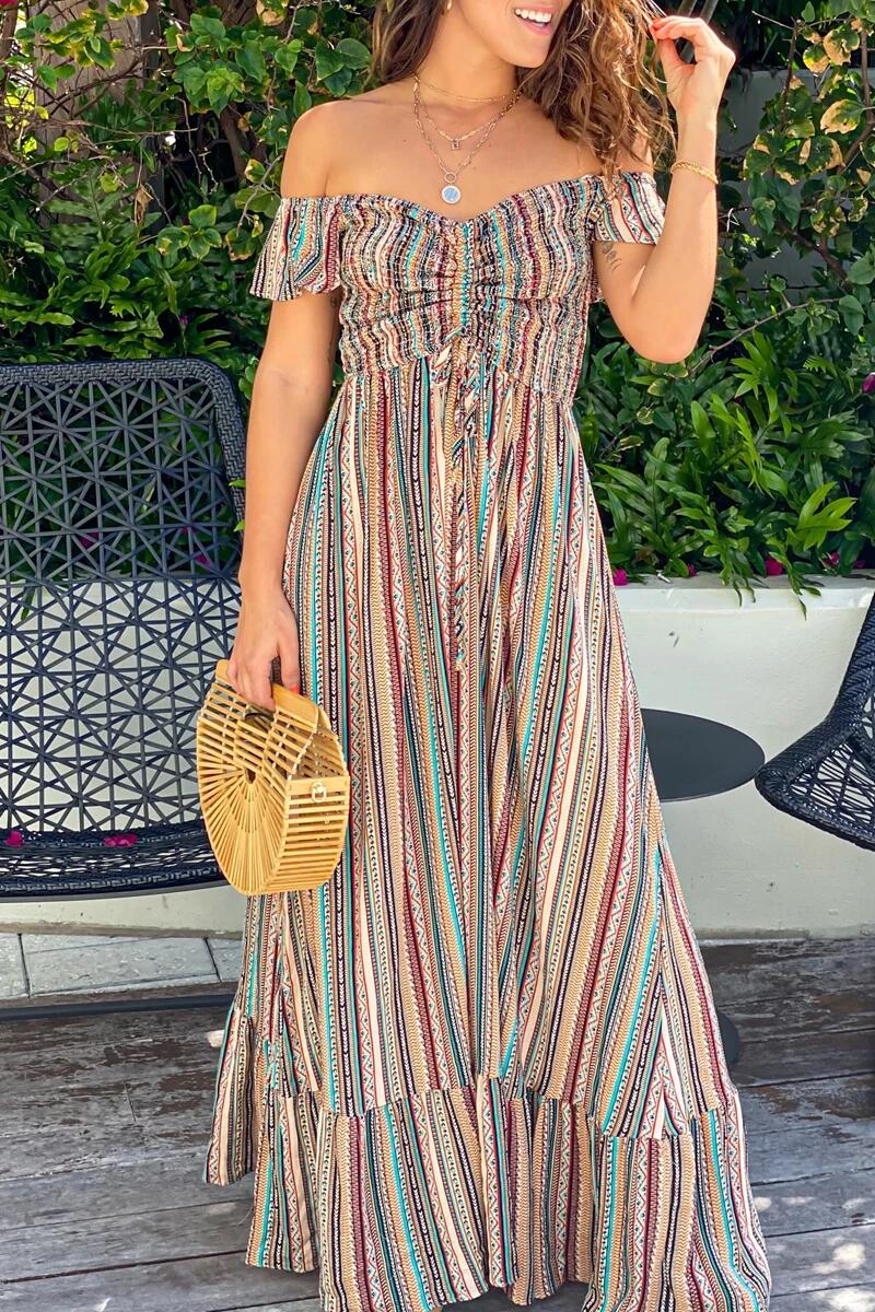 Bohemian Striped Split Joint Flounce Off the Shoulder A Line Dresses Florcoo