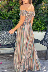 Bohemian Striped Split Joint Flounce Off the Shoulder A Line Dresses Florcoo