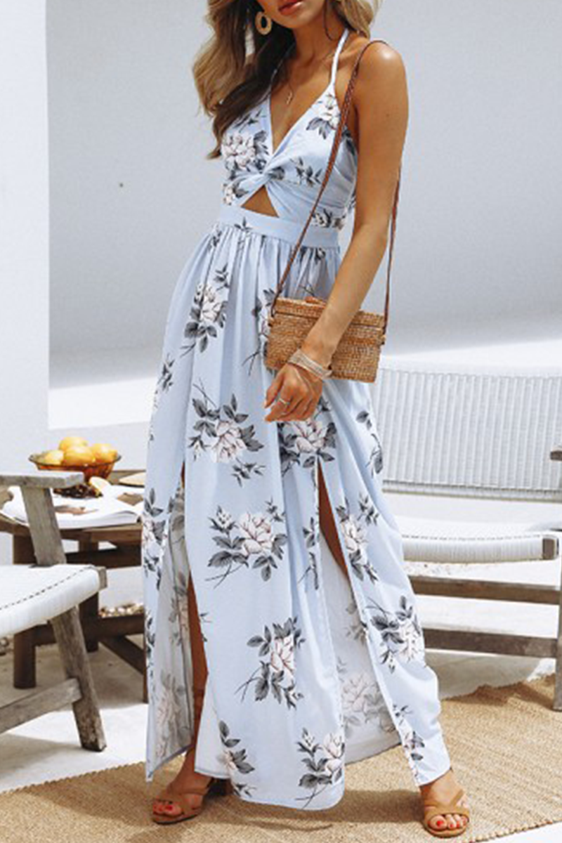 Casual Floral Frenulum Backless Slit Halter A Line Dresses Florcoo