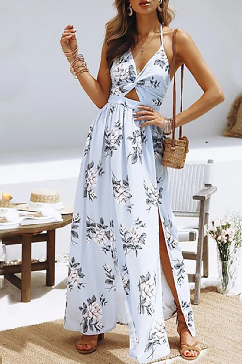 Casual Floral Frenulum Backless Slit Halter A Line Dresses Florcoo