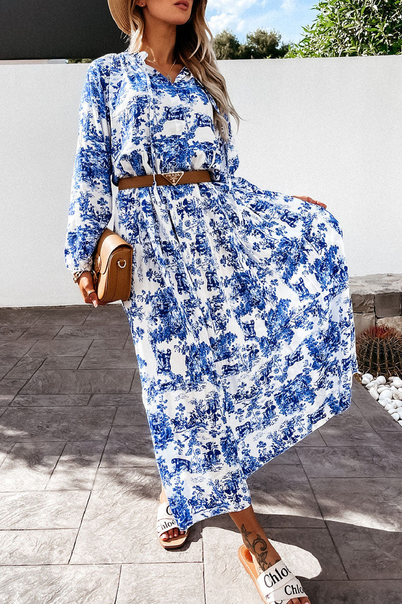 Elegant Print Split Joint V Neck A Line Dresses Ins Street