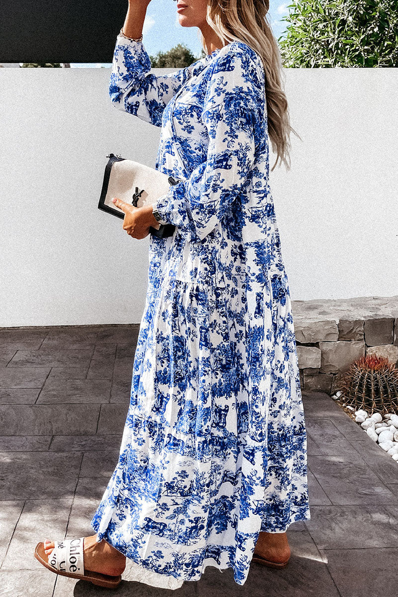 Elegant Print Split Joint V Neck A Line Dresses Ins Street