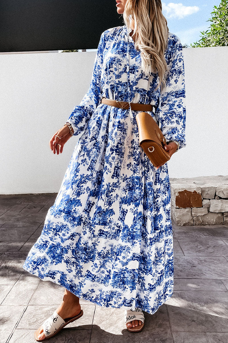 Elegant Print Split Joint V Neck A Line Dresses Ins Street