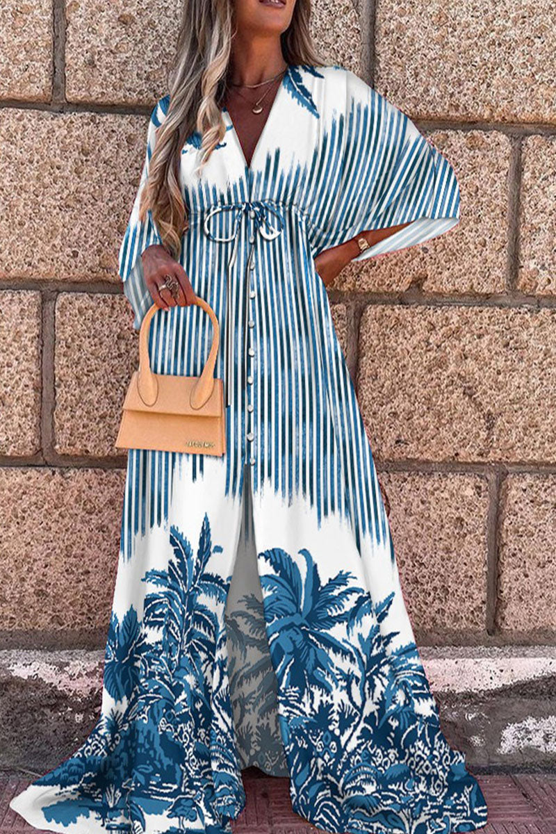 Elegant Print Split Joint V Neck A Line Dresses(5 colors) Ins Street