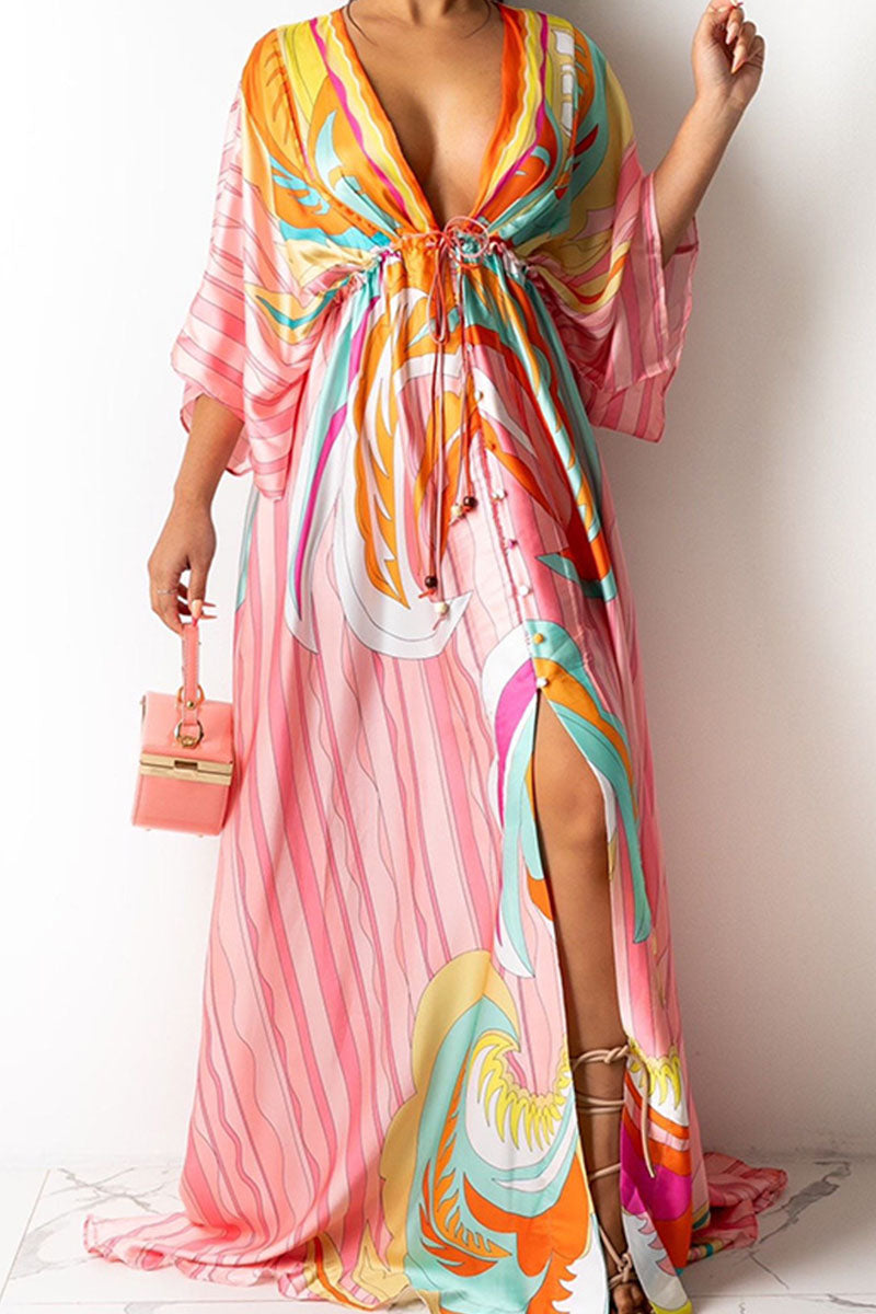 Elegant Print Split Joint V Neck A Line Dresses(5 colors) Ins Street