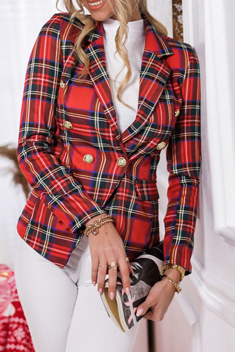 Plaid Split Joint Turn-back Collar Outerwear Ins Street