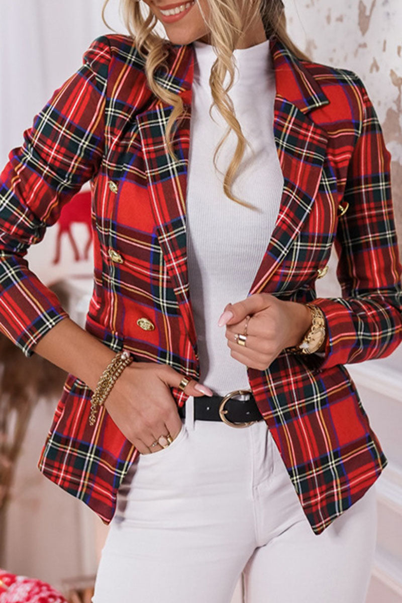 Plaid Split Joint Turn-back Collar Outerwear Ins Street