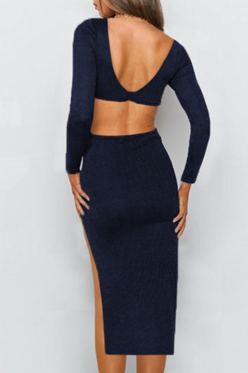 Solid Hollowed Out Backless Slit V Neck Pencil Skirt Dresses Ins Street