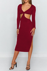 Solid Hollowed Out Backless Slit V Neck Pencil Skirt Dresses Ins Street