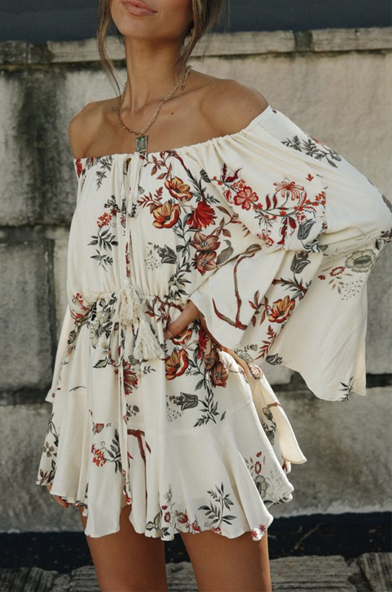 Casual Floral Split Joint Frenulum Off the Shoulder A Line Dresses Ins Street