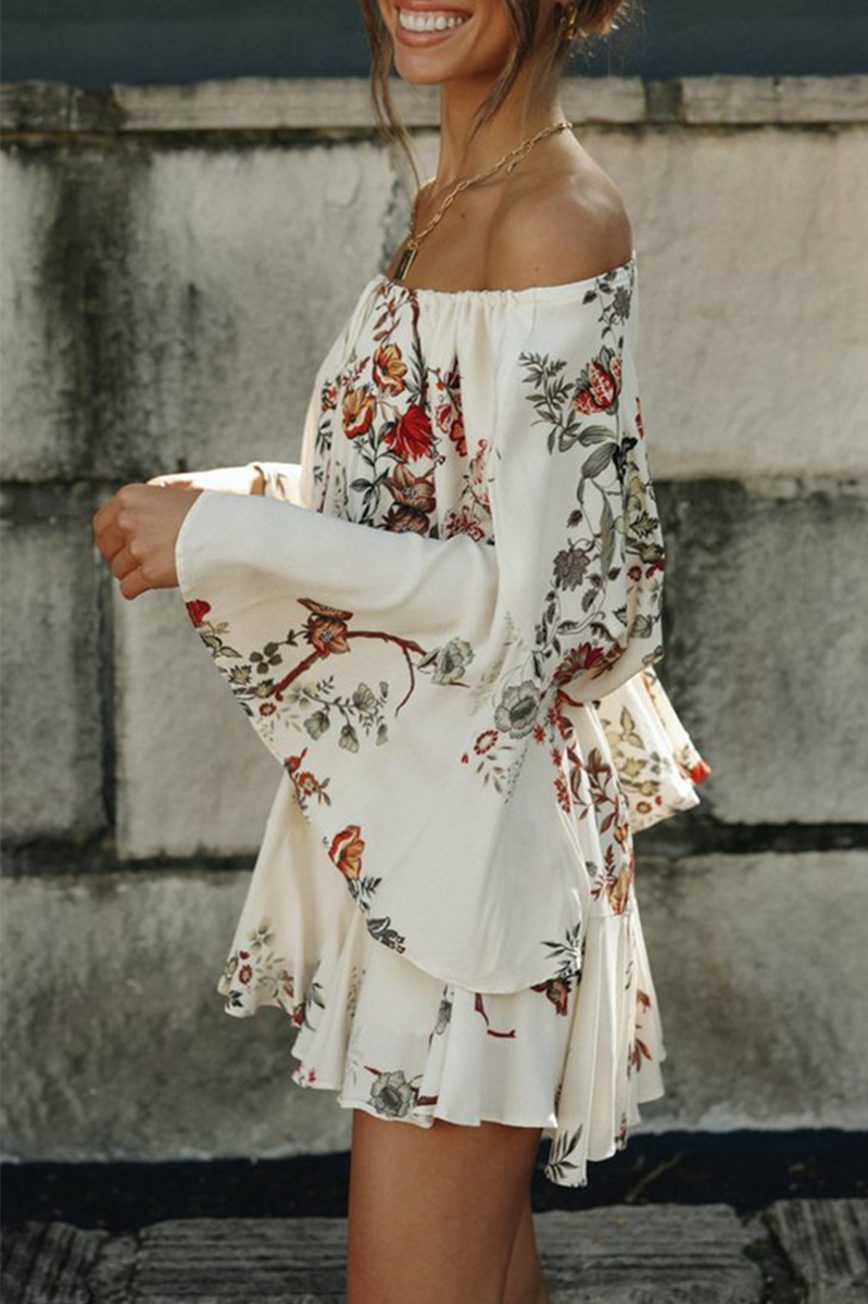 Casual Floral Split Joint Frenulum Off the Shoulder A Line Dresses Ins Street