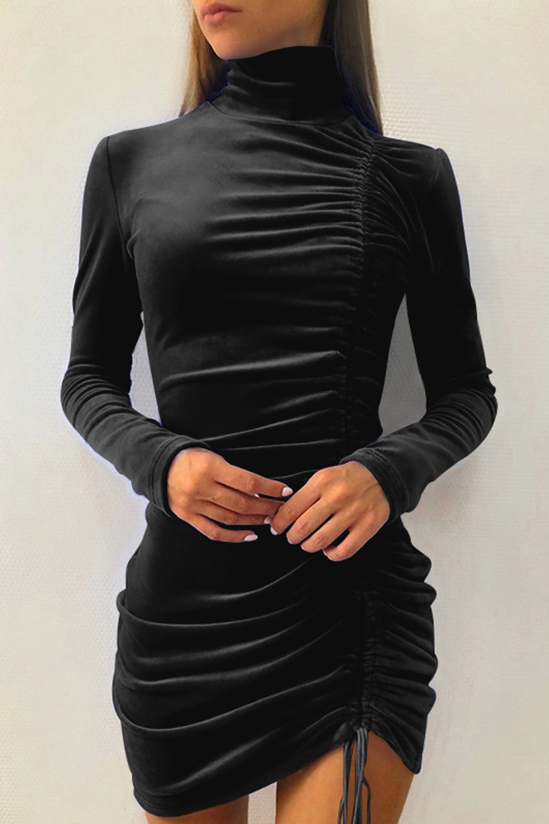 Elegant Solid Split Joint Fold Half A Turtleneck Pencil Skirt Dresses Ins Street