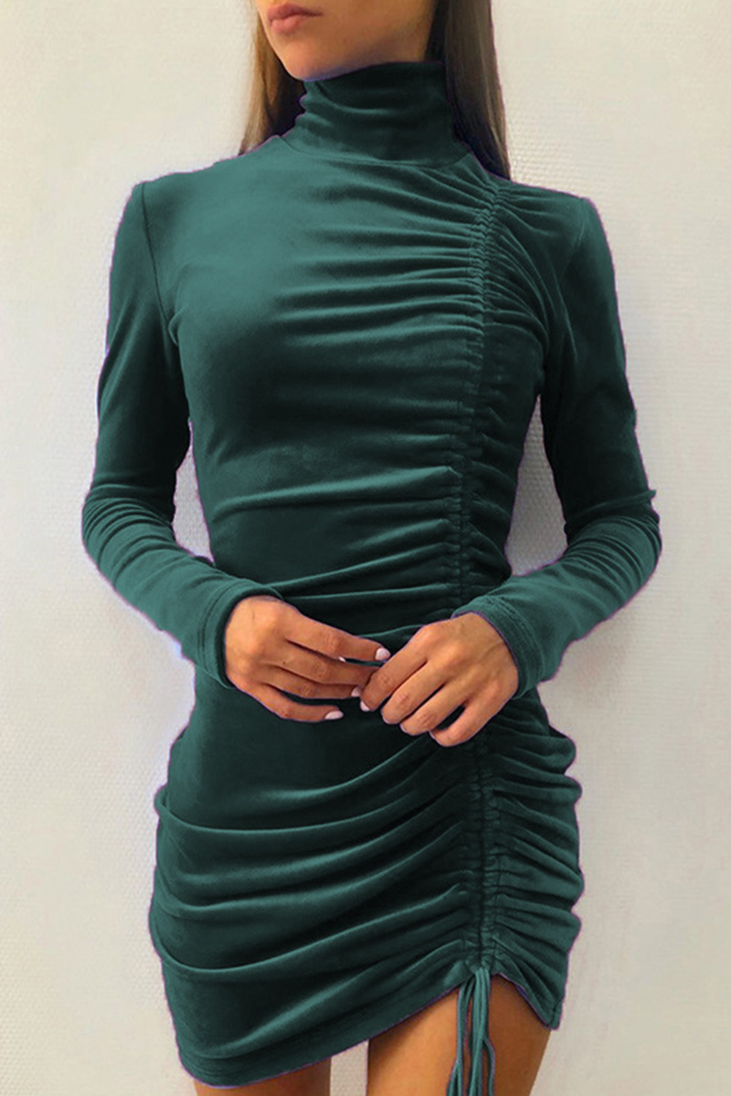 Elegant Solid Split Joint Fold Half A Turtleneck Pencil Skirt Dresses Ins Street