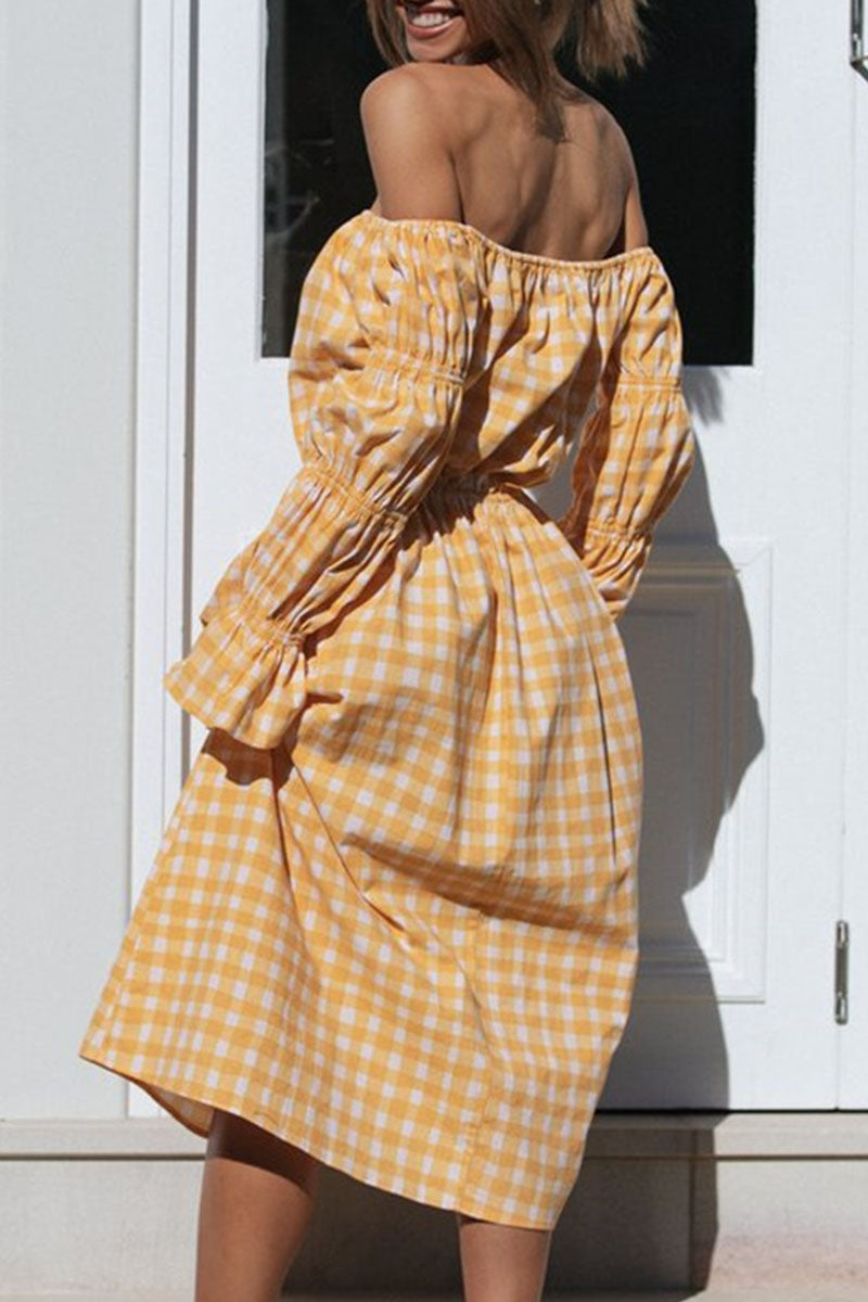 Plaid Split Joint Off the Shoulder Waist Skirt Dresses Ins Street