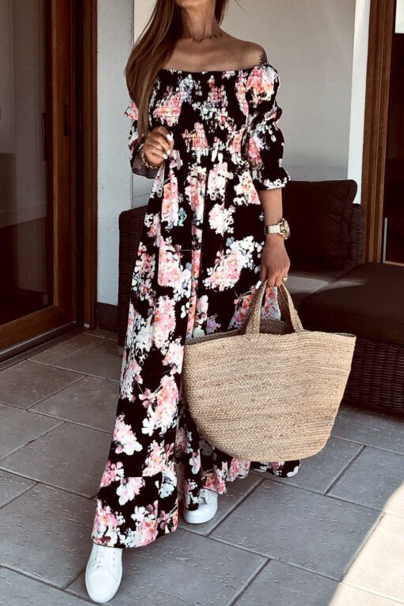 Print Split Joint Off the Shoulder A Line Dresses Ins Street