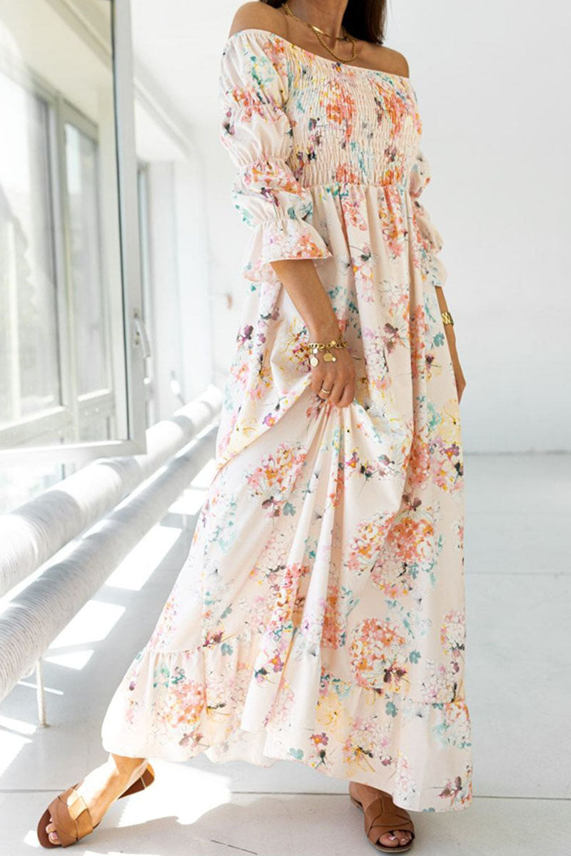 Print Split Joint Off the Shoulder A Line Dresses Ins Street