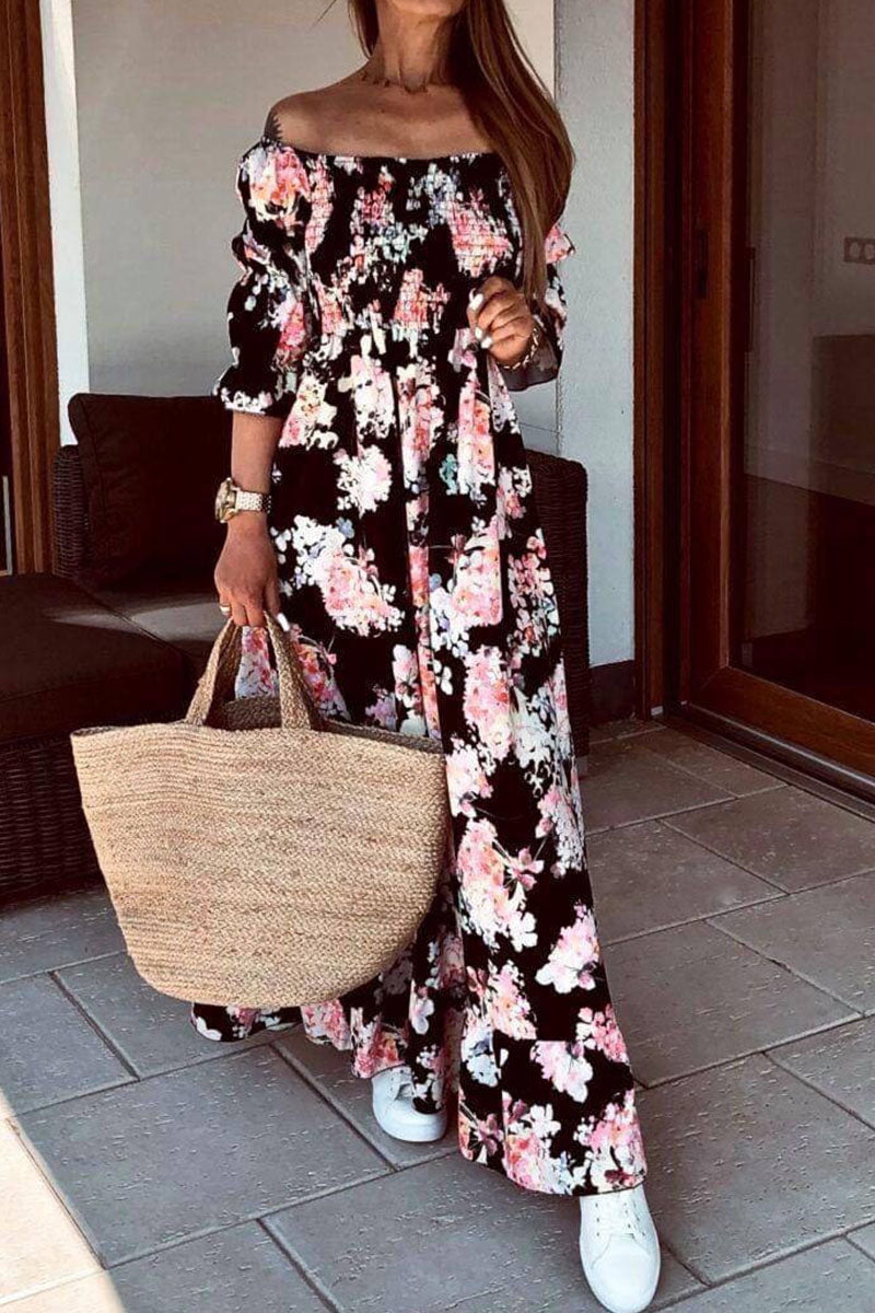 Print Split Joint Off the Shoulder A Line Dresses Ins Street