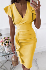 Elegant Solid Flounce Fold V Neck Wrapped Skirt Dresses Ins Street
