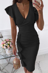 Elegant Solid Flounce Fold V Neck Wrapped Skirt Dresses Ins Street