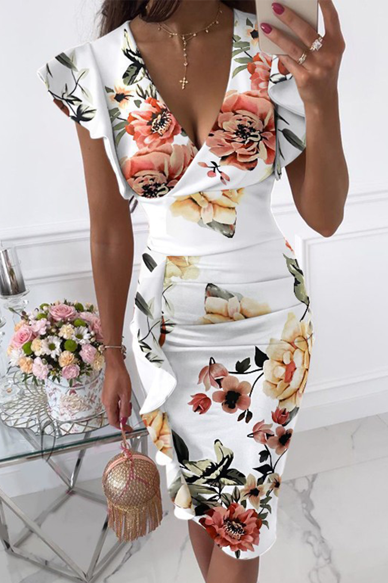 Elegant Solid Flounce Fold V Neck Wrapped Skirt Dresses Ins Street