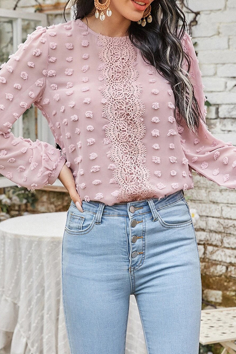 Solid Lace Split Joint O Neck Tops Ins Street