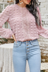 Solid Lace Split Joint O Neck Tops Ins Street