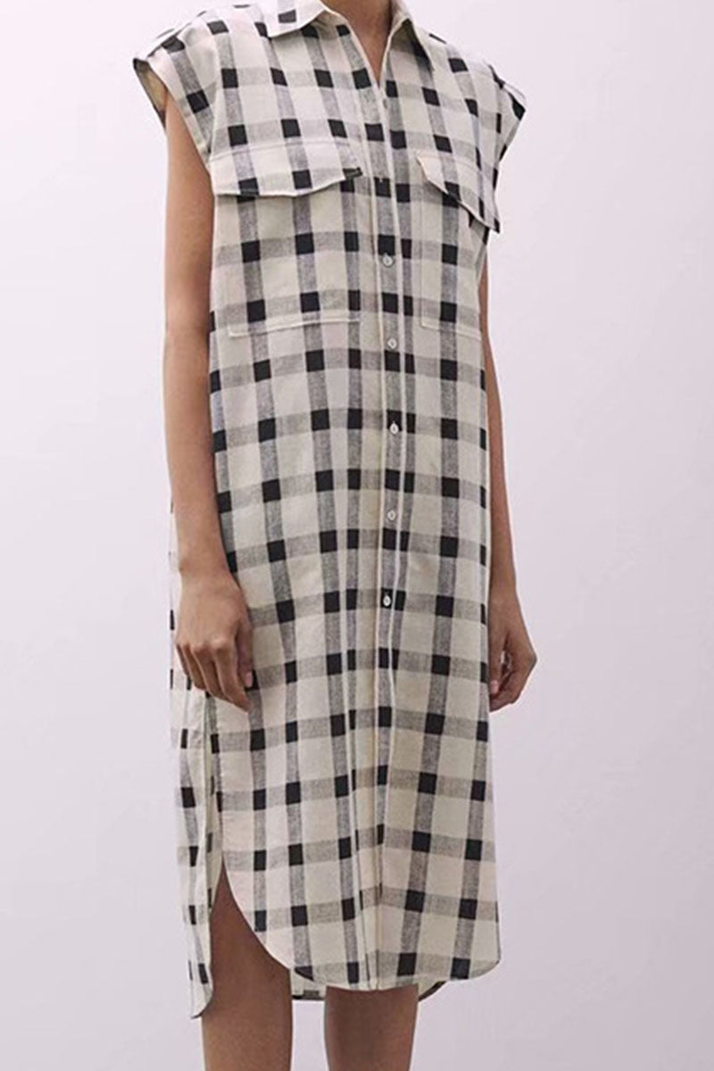 Casual Plaid Split Joint Turndown Collar A Line Dresses Ins Street