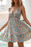 Casual  Vacation Floral Frenulum Backless Halter Waist Skirt Dresses Florcoo