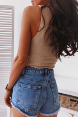 Solid Split Joint Buckle U Neck Tops Ins Street