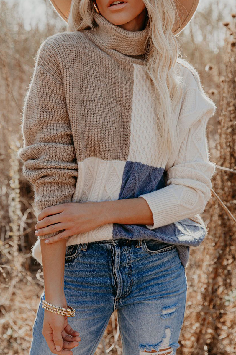 Casual Patchwork  Contrast Turtleneck Tops Florcoo