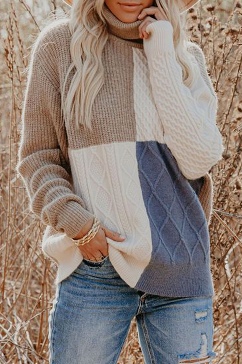 Casual Patchwork  Contrast Turtleneck Tops Florcoo