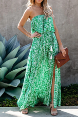 Elegant Print Frenulum Slit Strapless A Line Dresses Ins Street