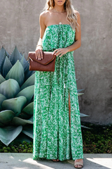 Elegant Print Frenulum Slit Strapless A Line Dresses Ins Street