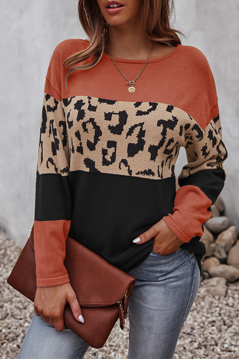 Casual Leopard Split Joint  Contrast O Neck Tops£¨4 colors£© Florcoo