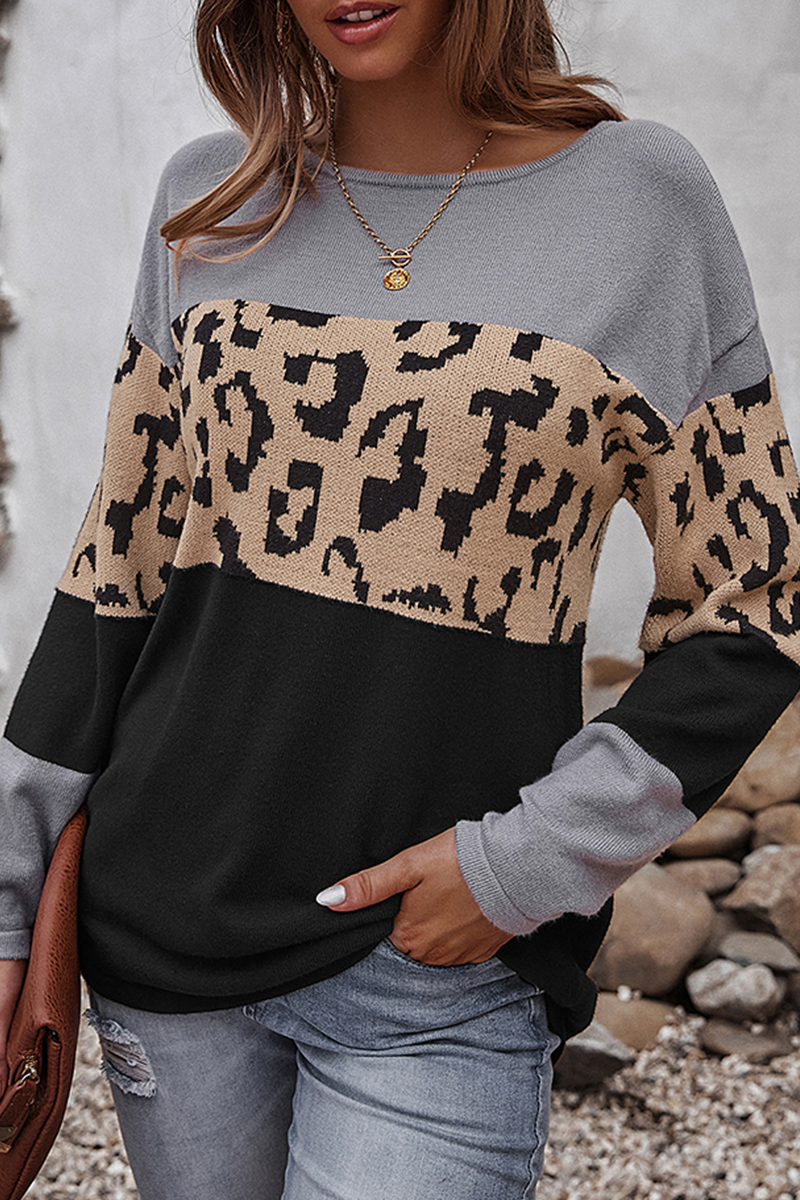 Casual Leopard Split Joint  Contrast O Neck Tops£¨4 colors£© Florcoo