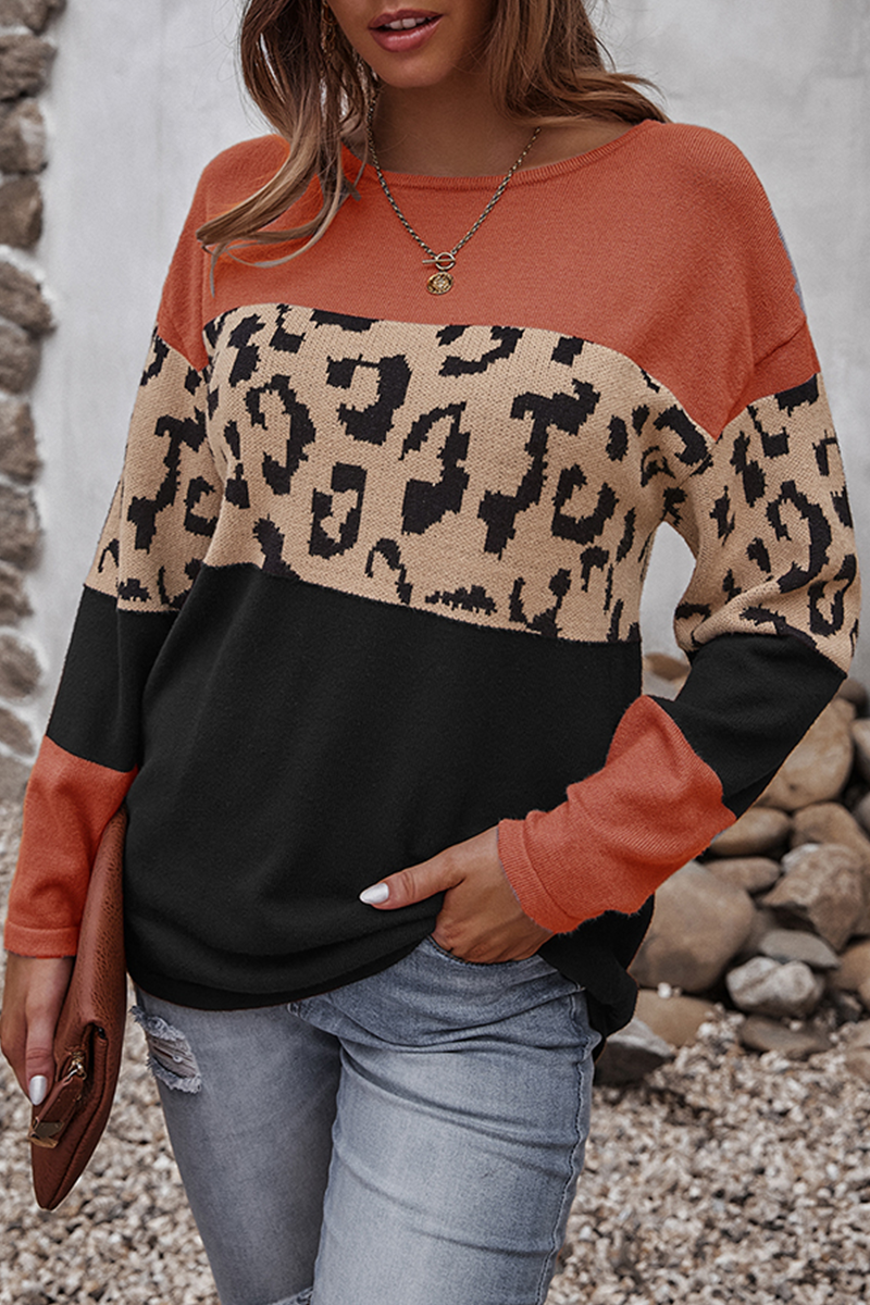 Casual Leopard Split Joint  Contrast O Neck Tops£¨4 colors£© Florcoo