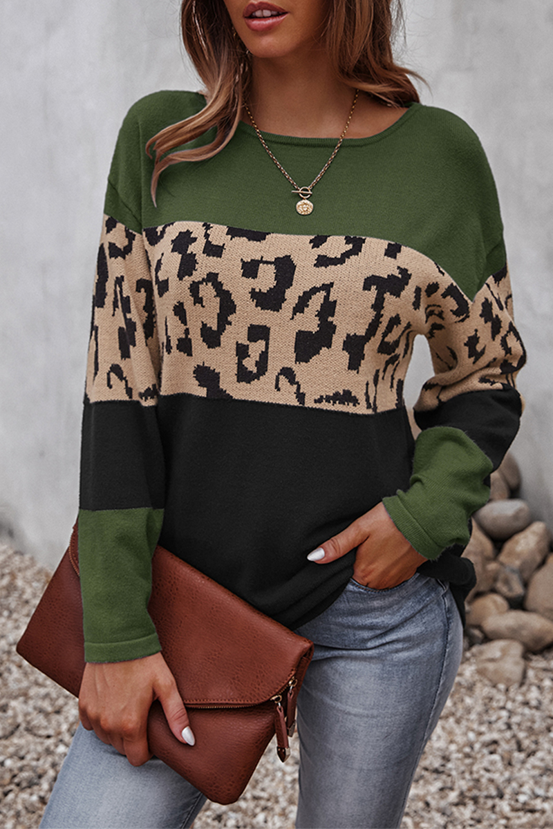 Casual Leopard Split Joint  Contrast O Neck Tops£¨4 colors£© Florcoo