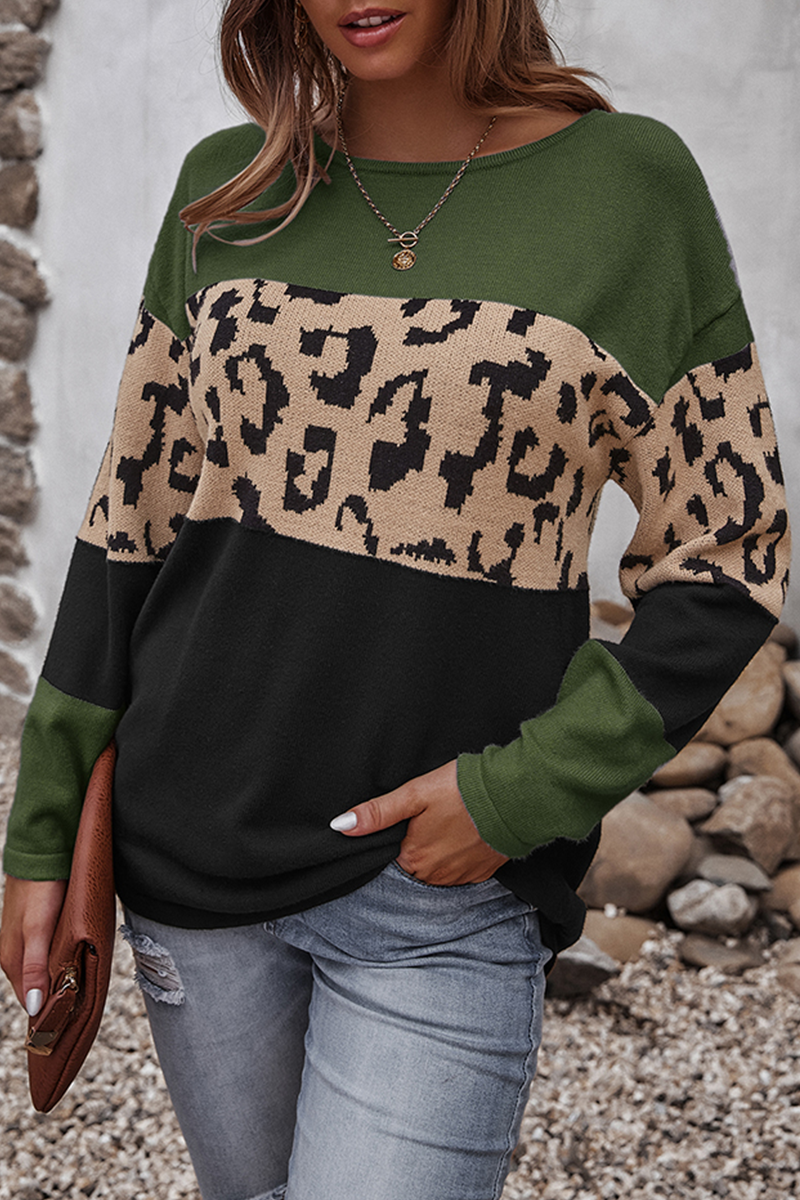 Casual Leopard Split Joint  Contrast O Neck Tops£¨4 colors£© Florcoo