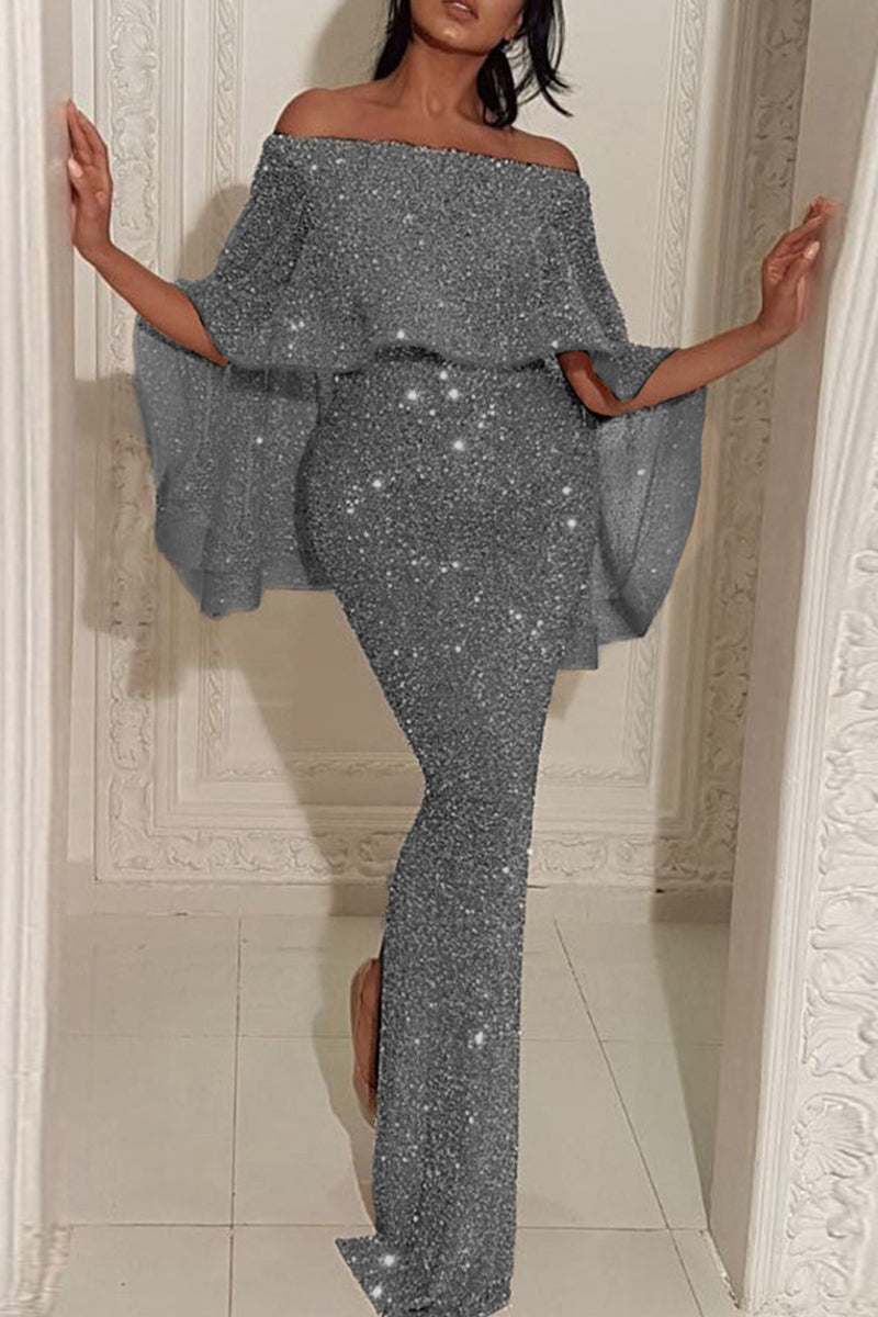 Sexy Solid Split Joint Slit Off the Shoulder Evening Dress Ins Street