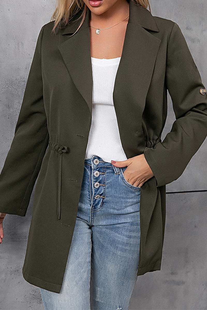 Solid Draw String Buttons Turn-back Collar Outerwear Ins Street