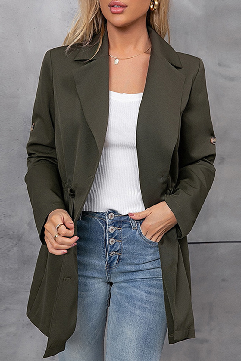 Solid Draw String Buttons Turn-back Collar Outerwear Ins Street