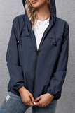 Solid Draw String Zipper Hooded Collar Outerwear Ins Street
