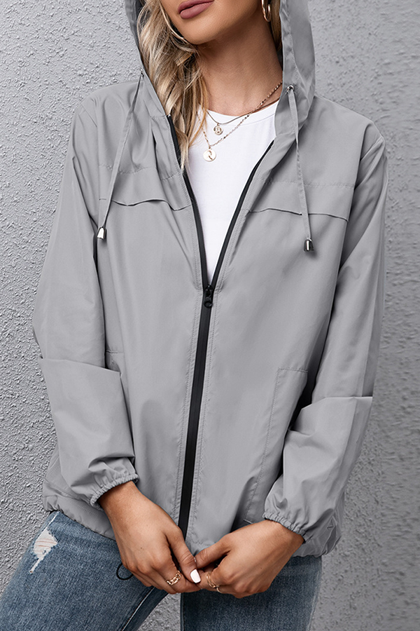 Solid Draw String Zipper Hooded Collar Outerwear Ins Street