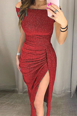 Elegant Solid Slit Sequined Off the Shoulder Wrapped Dresses(3 colors) Ins Street